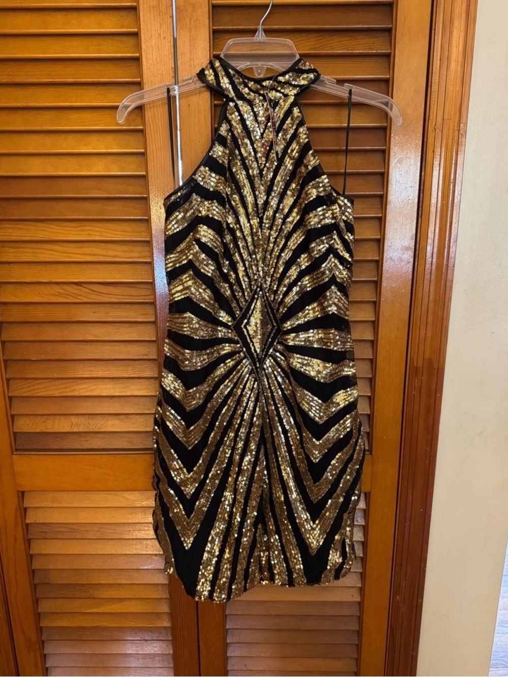 Gold Sequin Halter Mini Dress - Sleek Black & Gold Party Look